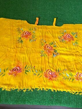 Tropical Batik Lightweight Yellow Dress Fringe Kaftan Beach Cover Up Strappy OS